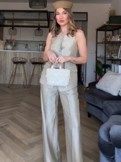 HH Woman Slim Single-breasted Sleeveless Tube Top Vest+Spring Elegant Pockets High Waist Straight Leg Pants Solid 2 Piece Set