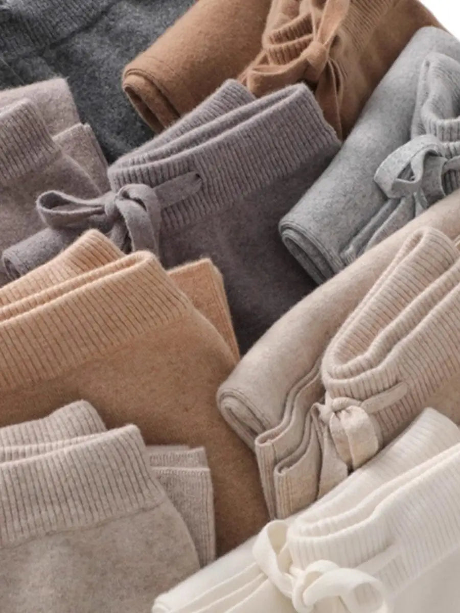 High Waist Wool Knitted Wide Leg Pants Women's Outerwear Autumn Winter Thickened Floor-Length Straight Cut Casual Trousers