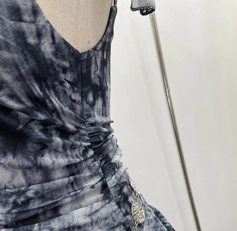 Women's Vintage Tie-dye Printed Mesh Spaghetti Strap Camisole Hot Girl Irregular Ruffled Ribbon Sleeveless Top Partyclub 1185