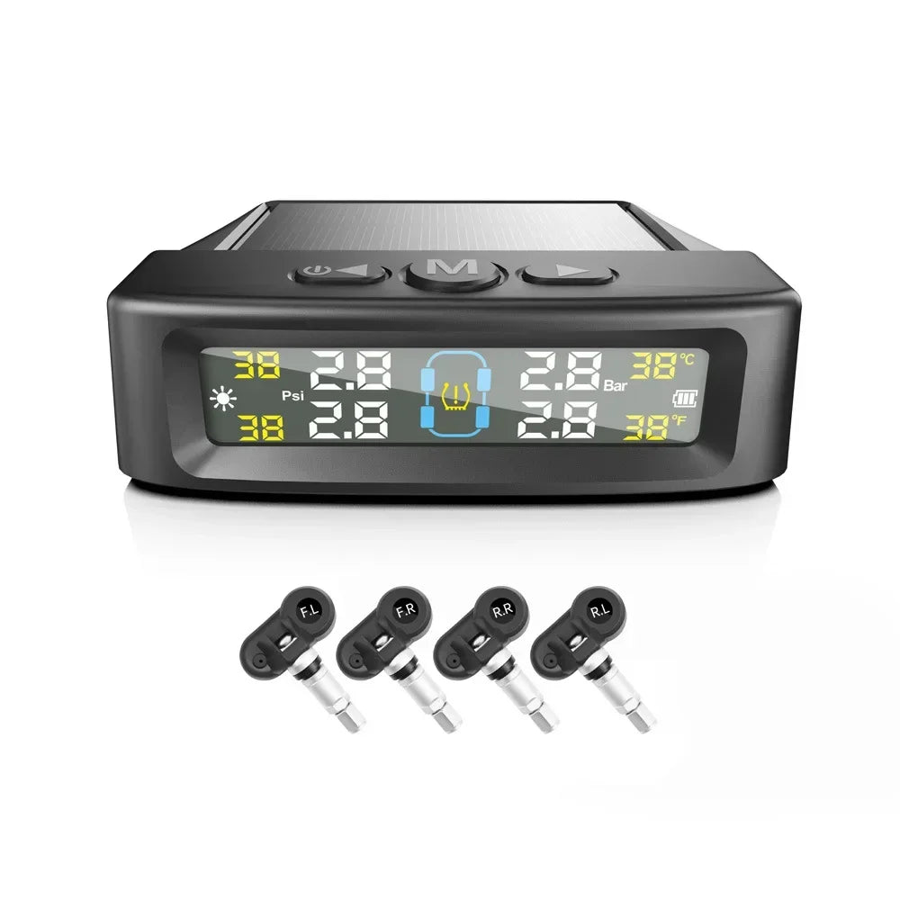 TPMS Tire Pressure Monitoring System Car Safety Alarm System Wireless Solar&USB Powered 4 Sensors with Color Digital Display
