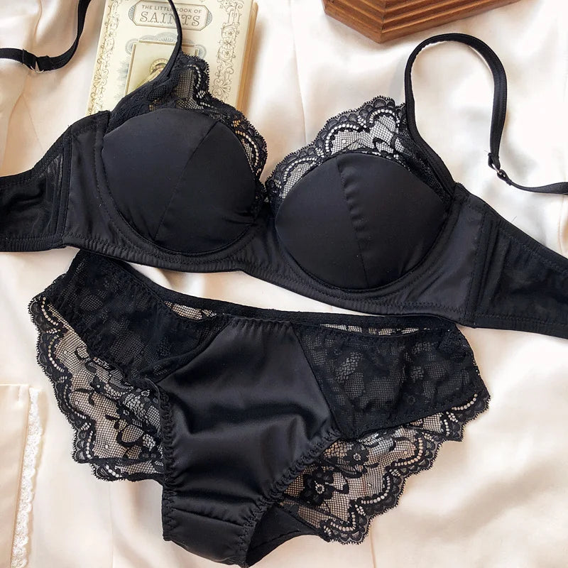 High Quality Satin Women Lingerie Set French Sexy Lace Push Up Bra Summer Thin Cup Comfort Intimates Underwear Bra Briefs Set