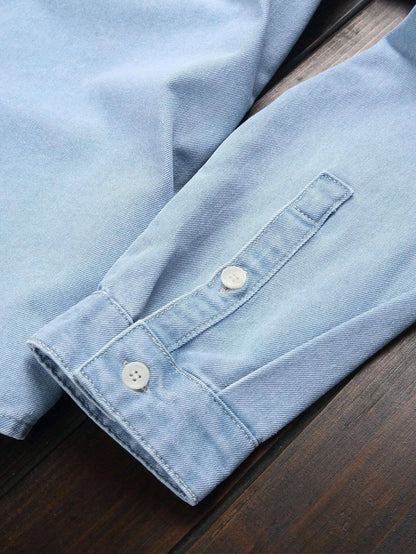 Men Light Blue Washed Denim Shirts Long Sleeve Button Down Casual Shirts With Dual Chest Pockets Western Style Work Shirts