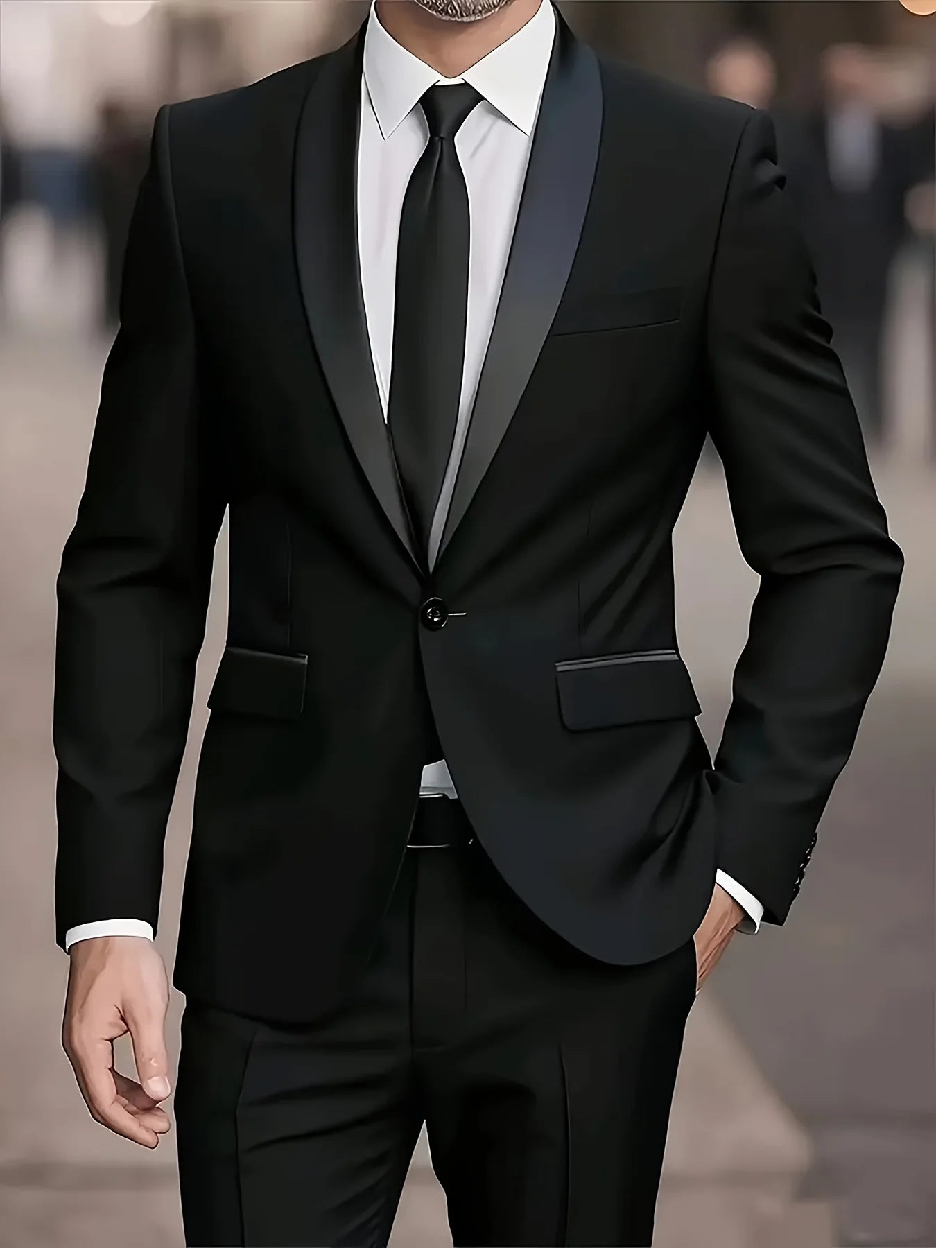 Men'S 2pcs Collar-And-Neckline, Single-Button, Slim-Fitting Solid-Color Jacket And Pants Set, Suitable for Men'S Dance Parties
