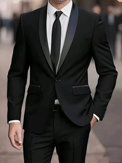 Men'S 2pcs Collar-And-Neckline, Single-Button, Slim-Fitting Solid-Color Jacket And Pants Set, Suitable for Men'S Dance Parties