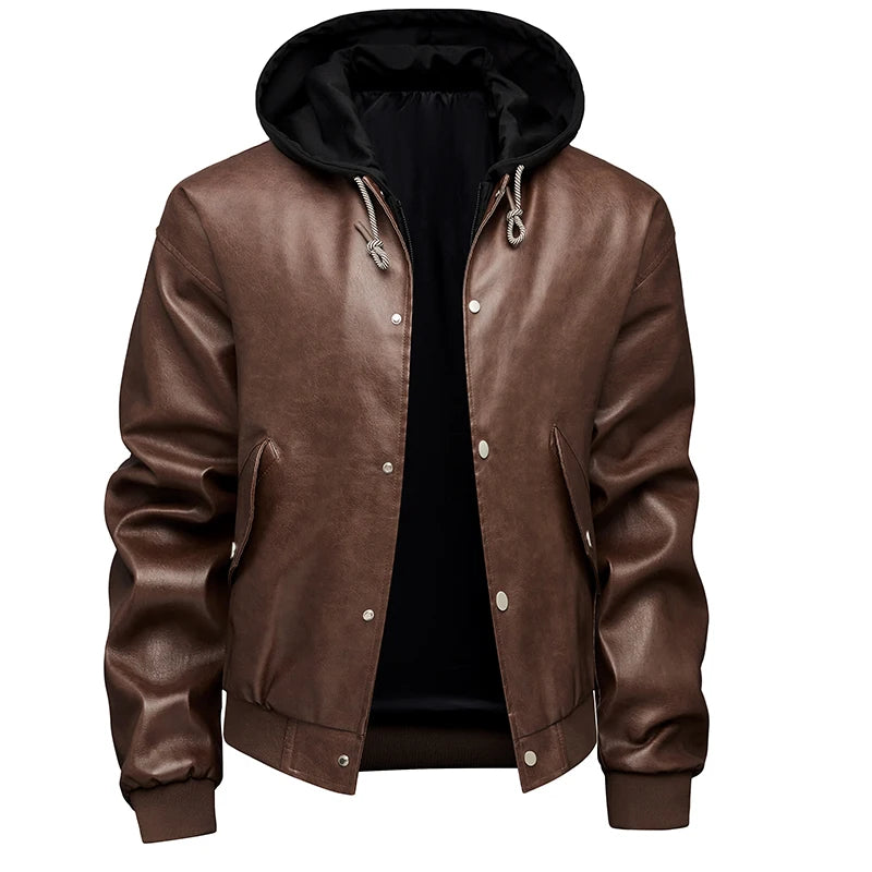 Hooded Leather Motorbiker Jacket Men's Streetwear Fake Two PU Leather Jackets Winter New Biker Coats Men Motorcycle Leather Coat