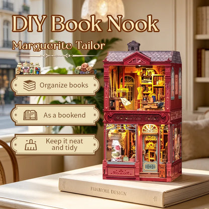 CUTEBEE Book Nook Kit for Marguerite Tailor 3D Wooden Dollhouse Puzzle with LED Light DIY Miniature Model Decor
