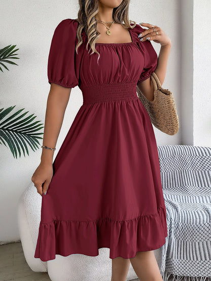 2024 New Fashion Solid Puff Sleeve Square Neck Ruched Bust Ruffle Hem Wasit Dress, Women's Clothing