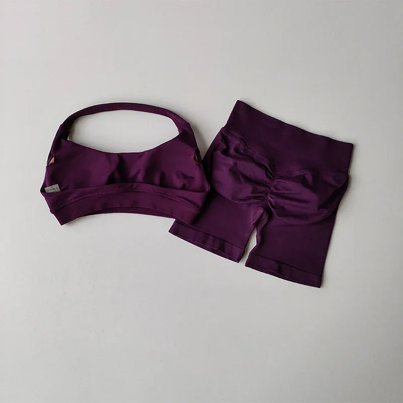 Women's Seamless Halter Yoga Set 2 Piece High Waist Scrunch Butt Shorts Quick Dry Breathable Gym Activewear
