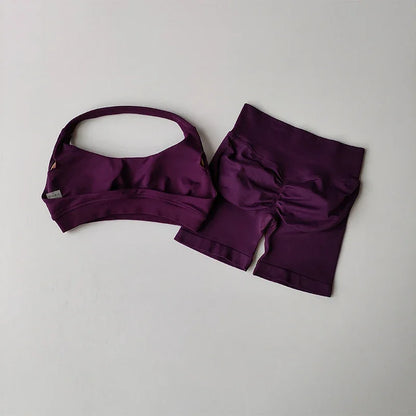 Women's Seamless Halter Yoga Set 2 Piece High Waist Scrunch Butt Shorts Quick Dry Breathable Gym Activewear