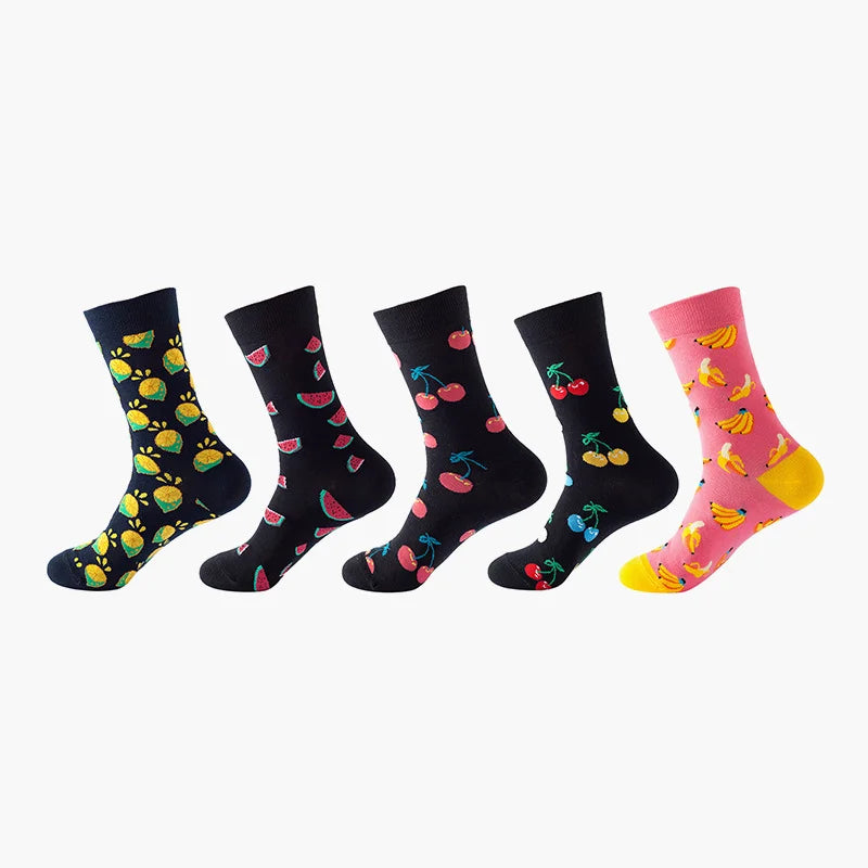 5 Pairs Fruit Print Socks Mid-Calf Funny Food Design Pineapple Watermelon Cotton Socks for Men Women Couple EU 37-45 US 6-12