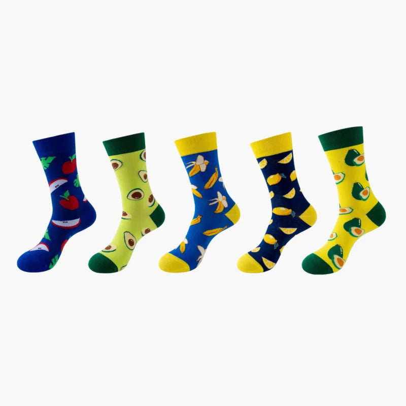 5 Pairs Fruit Print Socks Mid-Calf Funny Food Design Pineapple Watermelon Cotton Socks for Men Women Couple EU 37-45 US 6-12