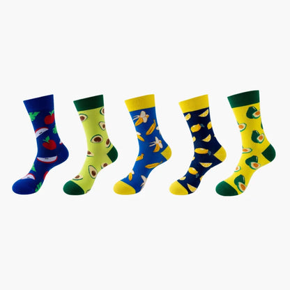 5 Pairs Fruit Print Socks Mid-Calf Funny Food Design Pineapple Watermelon Cotton Socks for Men Women Couple EU 37-45 US 6-12