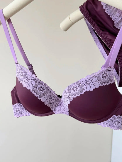 Sexy Purple Lace Lingerie Set for Women Push Up Bra No Underwire Small Bust Fit gathering Cups Lift Petite Cute Panties YUQI