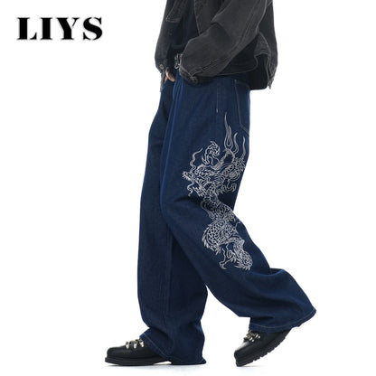 LIYS New Men's Blue Baggy Dragon Embroidered Wide Leg Jeans Spring Summer Classic Blue Baggy Washed Denim Pants Unisex Clothing