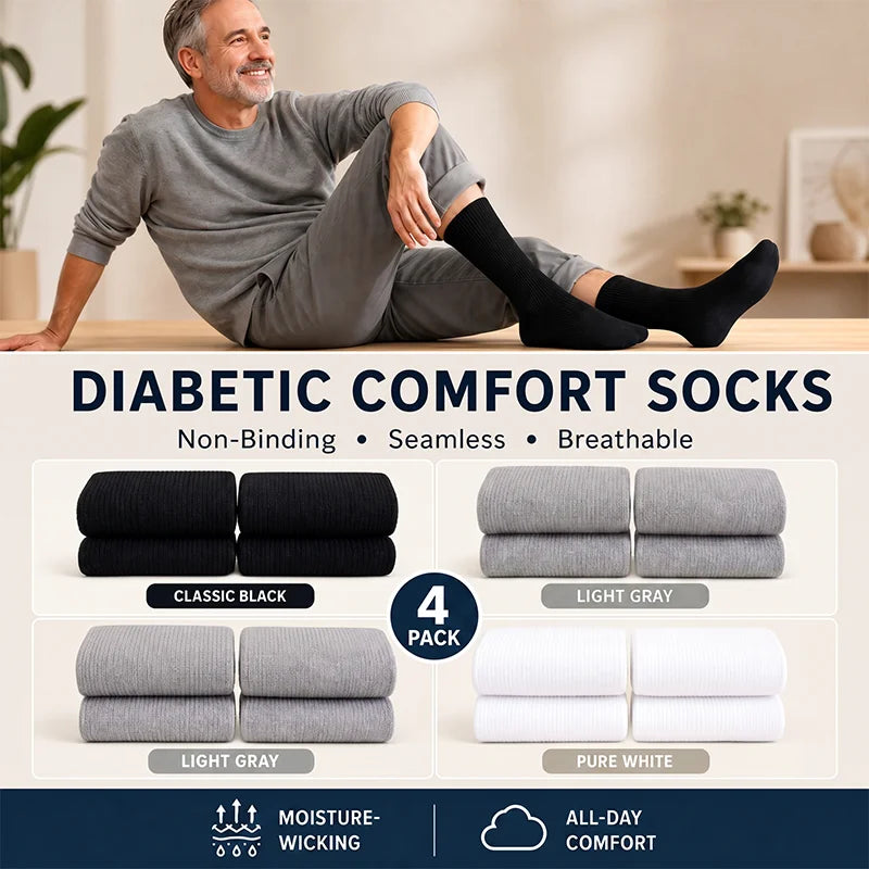 Men's Diabetic Socks Non‑Binding Top Loose Cuff, Seamless Breathable Comfort Socks for Swollen Feet & Blood Circulation Support