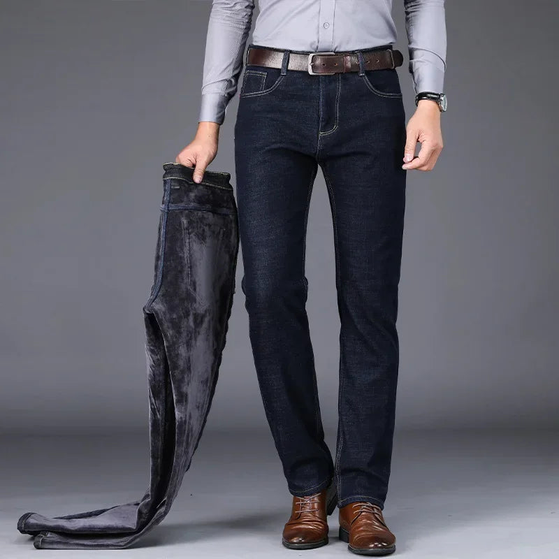 2024 Winter New Men's Fleece Warm Jeans Classic Style Business Casual Thicken Regular Fit Denim Pants Black Blue Brand Trousers
