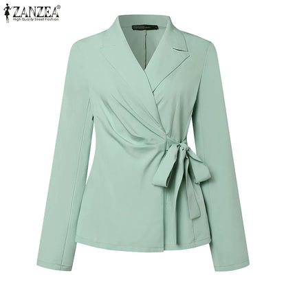 ZANZEA Classy Office Lady Blazer Suits Elegant Women Tied Waist Top and Pant 2pcs Outfit 2025 Trend Streetwear Commute Pant Sets