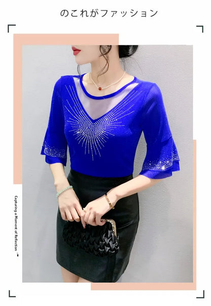 Sexy Hollow out Mesh Seven Quarter Sleeve Fashion Trend Summer T-Shirt Women Slimming Versatile Top Half Sleeve Small Shirt