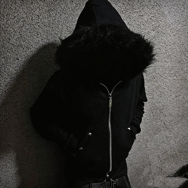Winter European American Plush Collar Square Rivet Cardigan Zipper Long Sleeves Hoodie Trend Street Men's Women's Clothing Top
