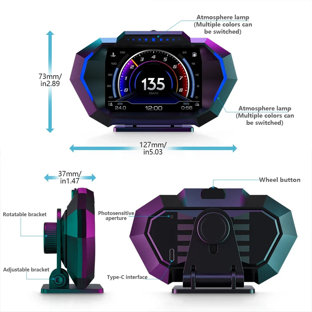 Digital Speedometer Slope Meter HUD P24 OBD2+GPS Head Up Display On Board Computer Multi-Function  Fuel Level Oil Press Consump