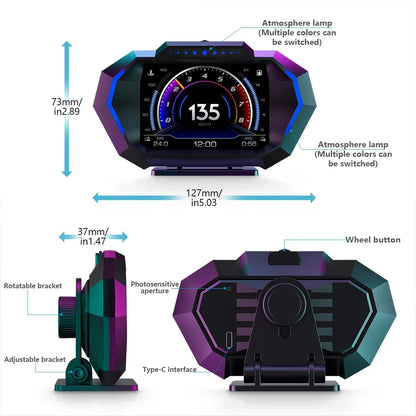 Digital Speedometer Slope Meter HUD P24 OBD2+GPS Head Up Display On Board Computer Multi-Function  Fuel Level Oil Press Consump