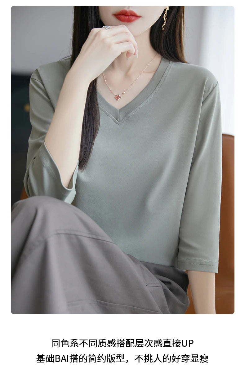 Spring And Summer New White Mercerized Cotton Cropped Sleeve T-shirt Feminine Joker 100% Cotton Bottoming Shirt Half Sleeve