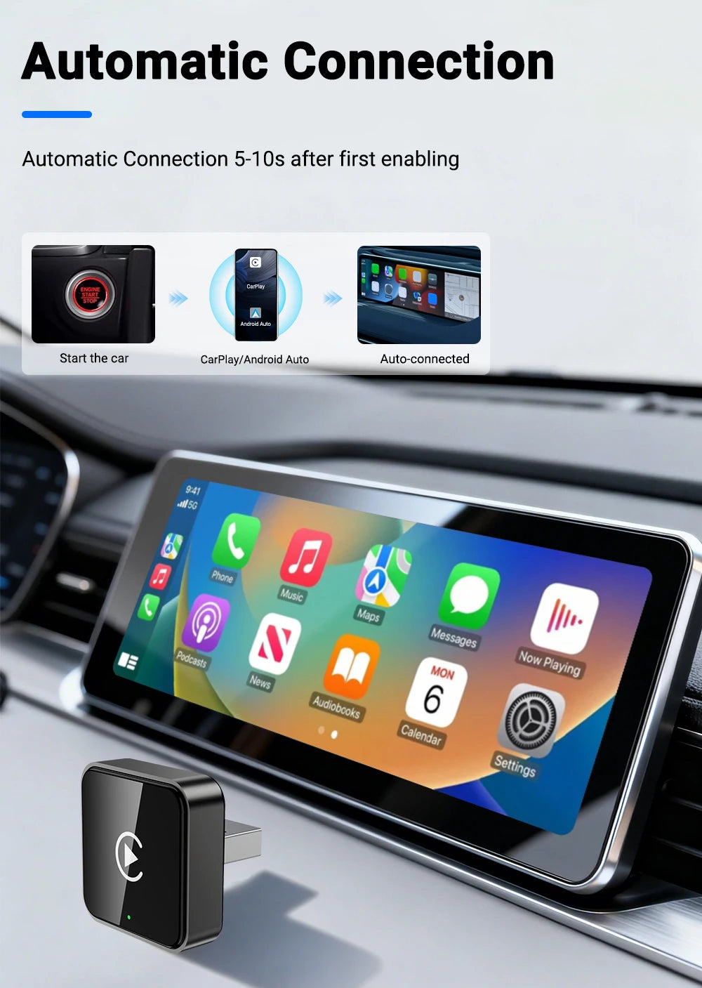 Smart 2in1 CarPlay Android Auto Adapter, Universal Mini Wireless Dongle for Car Entertainment System, Plug and Play Upgrade Wire