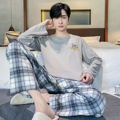 Soft Cotton Pajamas Autumn Men's Plaid Sleepwear Big Yards L-4XL Pajama Sets Casual Sleep&Lounge Pyjamas Pijamas Hombre