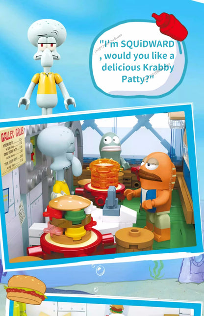 Spongebob building block cartoon Krusty Krab creative restaurant scene model Patrick Star assembly toy children's birthday gift