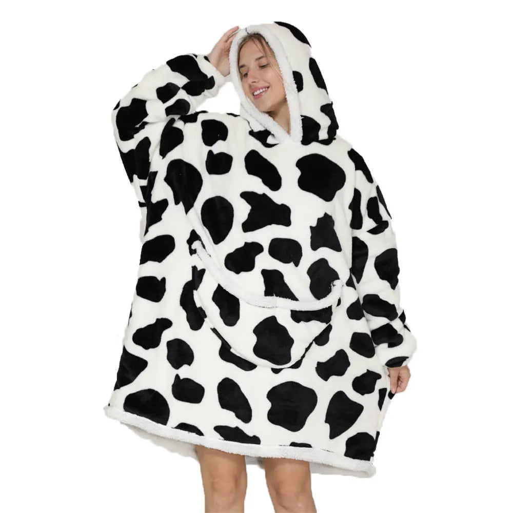 2024 Blue Animal Flannel Blanket with Sleeves Winter Hoodie Sweatshirt Women Men Fleece Giant TV Blanket Oversized for Couples