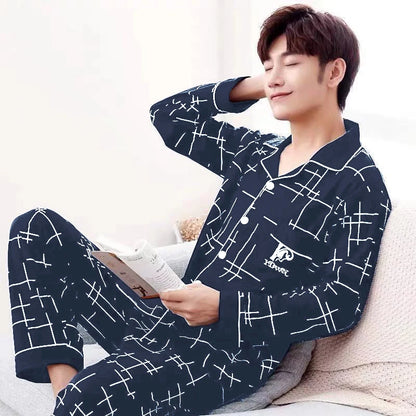 Plaid Print Men's Home Set Long-Sleeve Lapel Top With Pockets And Long Pant Breathable Soft Fit Autumn Sleepwear Loungewear Pjs