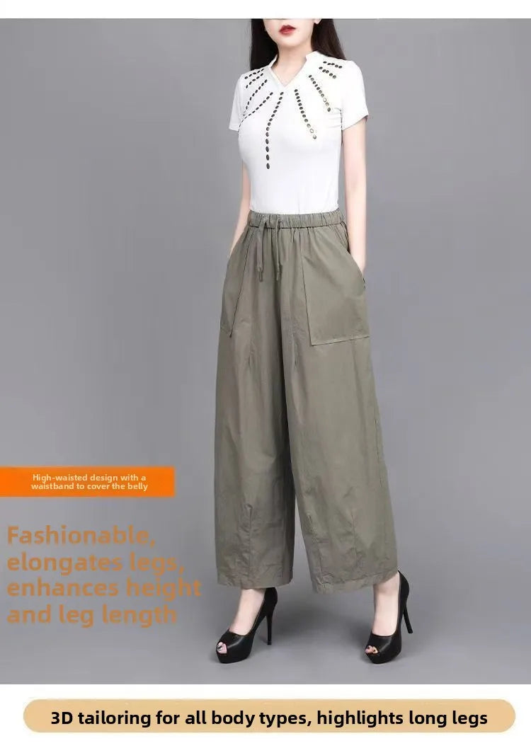 High Waist Wide Leg Pants Women Loose Slimming Nine Points Casual Pants plus Size Versatile Midlife Mom Pants Commute Style