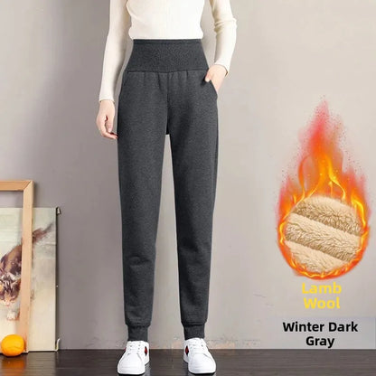 plus Size Fleece Lined Thickened Lamb Velvet Casual Slim Fit Pants Winter New Loose Warm Slimming Straight Leg Sweatpants