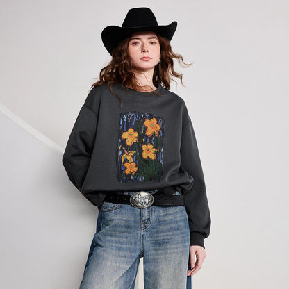 TOYOUTH Women Crew Neck Loose Sweatshirt 2026 Spring New Oil Painting Print Minimalist Chic Casual Top