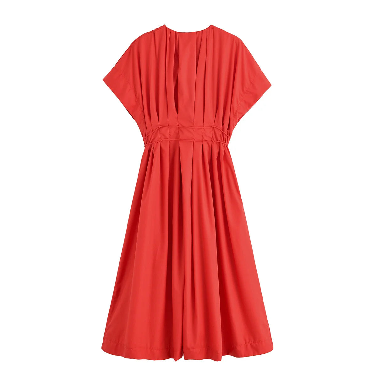 HH Women's Summer Fashion V-neck Lace-up Midi Short Sleeve Dress Female Elegant Backless Pleated Sexy Waist Long Dress