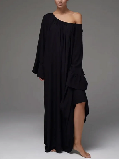 Parc Fee Casual Loose White Women Dress 2025 Elegant U-Neck Long Sleeve Floor-Length Dresses Simple Oversize Solid Female Dress