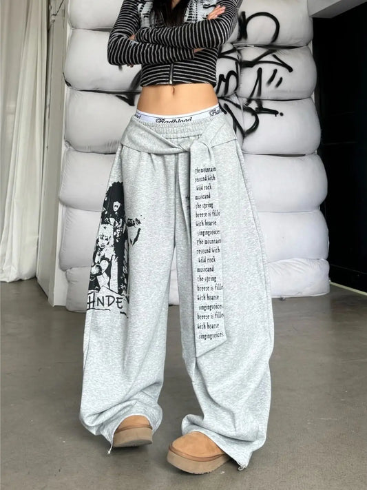 Retro American Hot Girl Hip Hop Jazz Street Dance Letter Print Belted Design Sweatpants Loose Wide Leg Casual Trousers