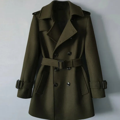 Men Mid Long Woolen Blends Coat Belted Double Breasted Wool Trench Spring New Business Work Windbreaker Classic Outwear Overcoat
