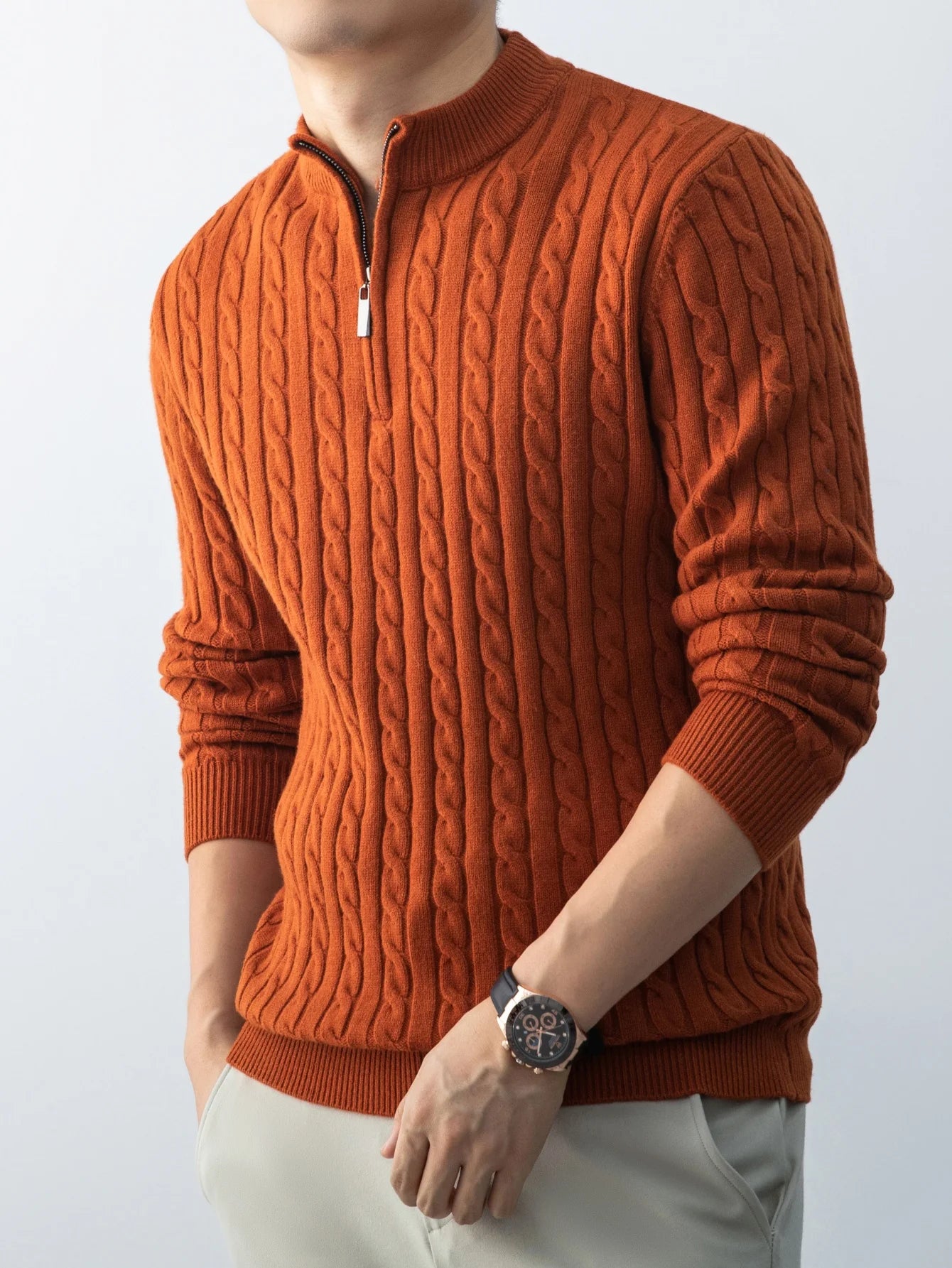 Autumn Winter For Men's Twisted Sweater Wool Knitted  Half Open Zipper Half High School Round Neck Stand-up Collar Thickened Top