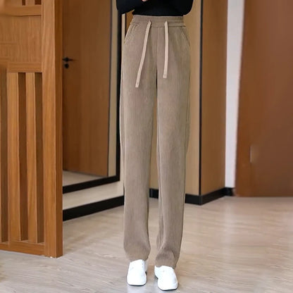 Thickened Fleece Wide Leg Pants Women's Casual Straight Cut Trousers Autumn Winter New Style High Waist Cotton Elastic Waist