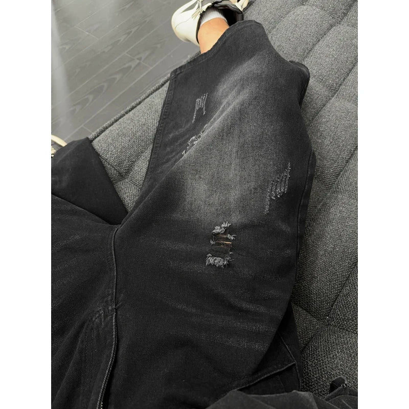 Unisex American Ins High Street Loose Straight Seven-Point Jeans Ripped Distressed Denim Shorts Summer Casual Streetwear
