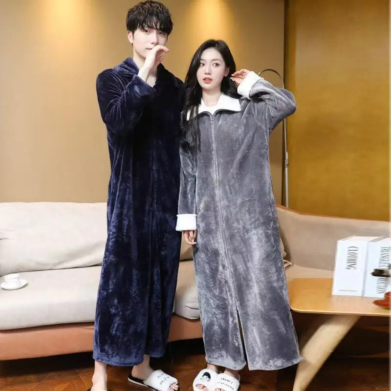 2025 New Flannel Zipper Nightgown Men Women Double-sided Thicken Flannel Pajamas Solid Color Couples One-piece Home Sleeprobe