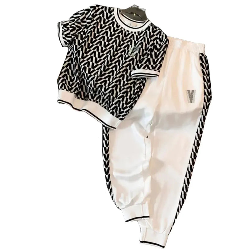 Fashion Suit Women's Summer New Item, High-end Feeling, Age Reducing Short Sleeved Casual Leg Tied Pants Two-piece Set Pant Sets