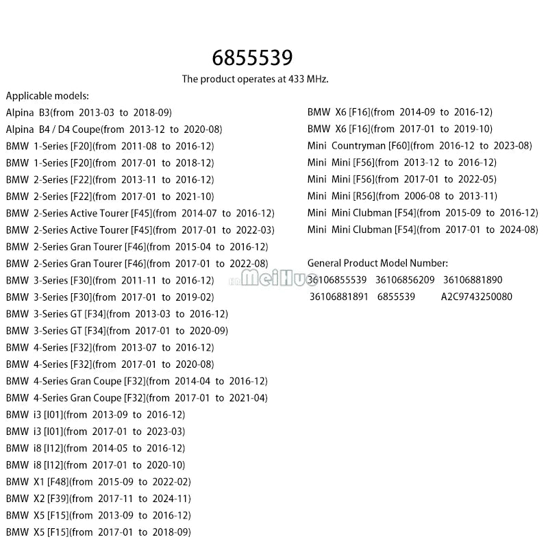 1/4PCS 433MHZ 6855539 Tire Pressure Sensor For BMW 1 2 3 4 i3 i8 X1 X2 X5 X6 Mini Mini Car TPMS Tire pressure display Sensor