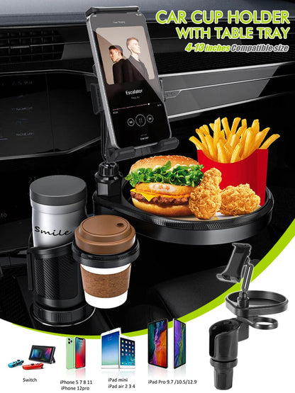 New Car Cup Holder Tray Adjustable with Phone Holder Tablet Tray Table 2 Cup Holders Road Trip & Car Traveling Essential Gadget