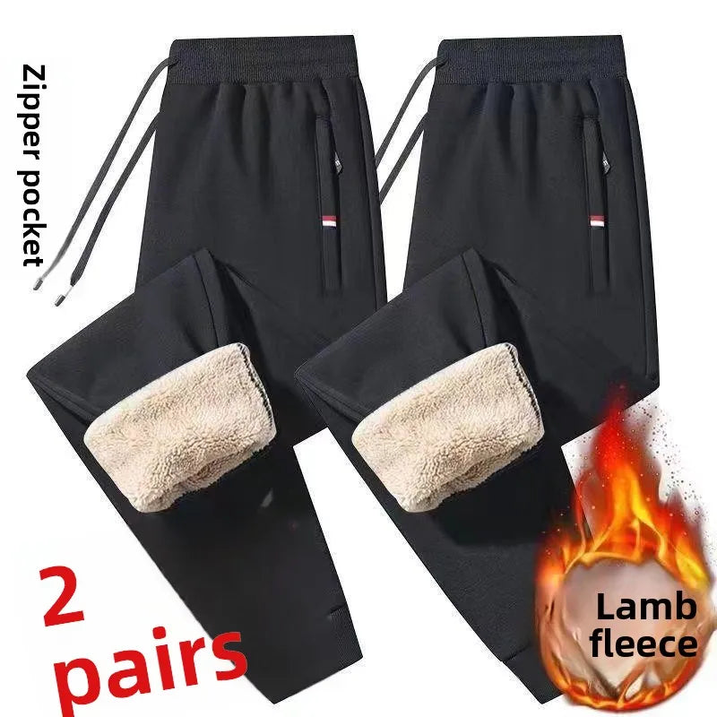 Men's Autumn Winter Thickened Large Size Lamb Velvet Fleece Lined Warm Loose Casual Pants Polyester Fiber Youth Pure Color