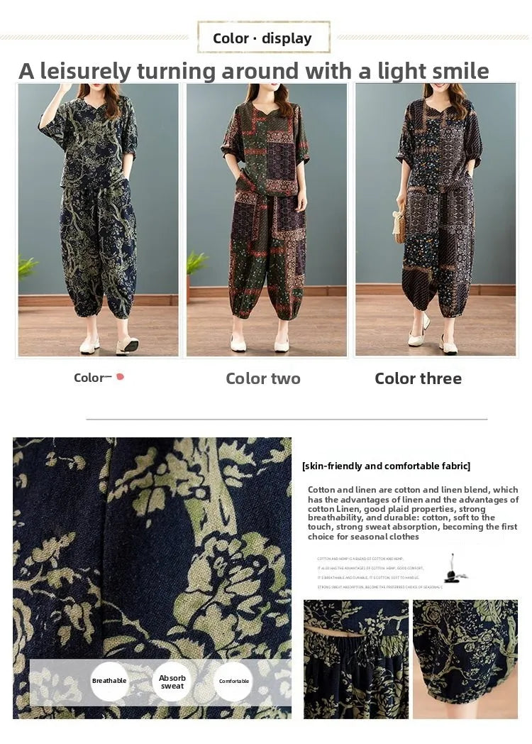 New Summer Floral Print Midi Sleeve Cotton Linen Loose Women's Two-Piece Set Ethnic Style Mom Clothes Comfortable Breathable
