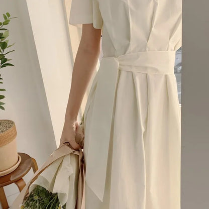 Elegant Pure Color Slim Fit Dress with Belt High Waist Spring Summer Autumn Short Sleeve Casual High Waist Skirt