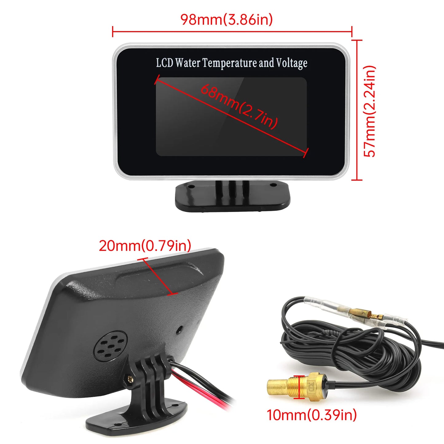 HD Car LCD Water Temperature Meter Thermometer Voltmeter Gauge 2in1 Temp&Voltage Meter 10mm Sensor 26~40mm Adapter(Option)12V/24