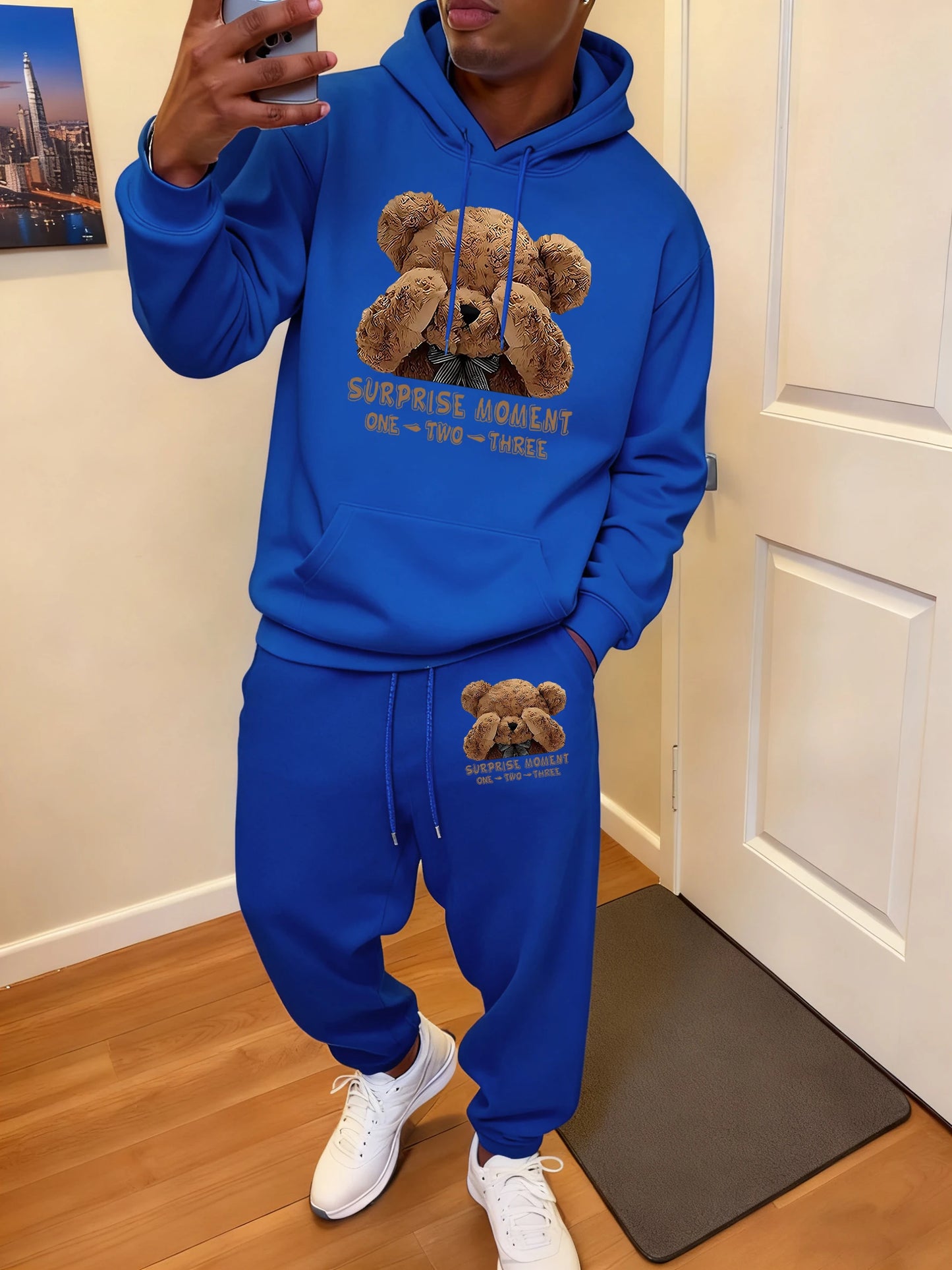 Surprise Moment Teddy Bear Print Soft Hoodie Set Man Sport Pocket Tracksuit All-Match Casual Sweatpants Autumn Fleece Long Pant